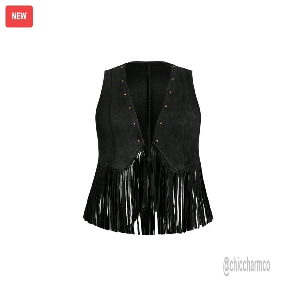 Plus Size Faux Suede Vest with Fringe Studded Western Cardigan Outerwear